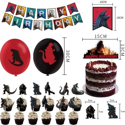 Decoração de aniversário tema Godzilla com bandeirolas, balões, toppers e figuras para bolo e cupcakes