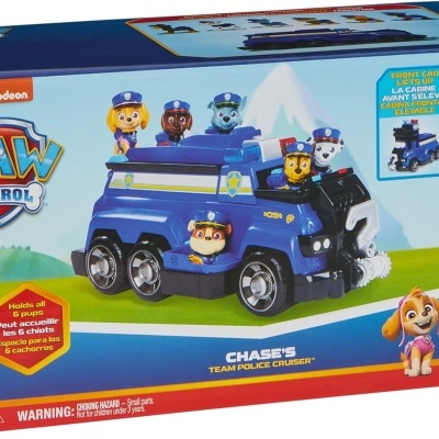 Caixa de brinquedo Paw Patrol com veículo policial azul e personagens.