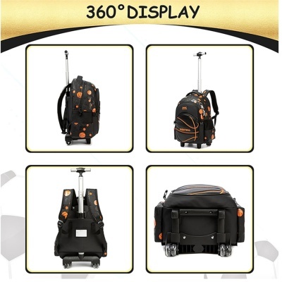 Mochila preta de basquetebol com rodas e puxador em 360 graus