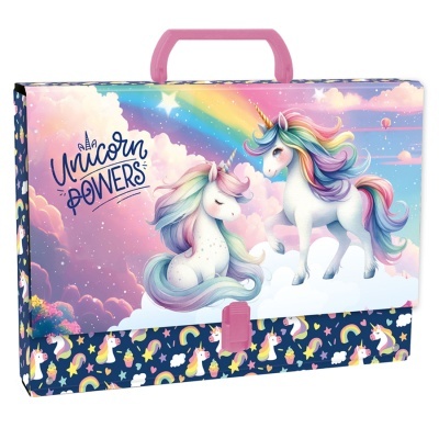 Mala colorida com unicórnios e arco-íris, com texto Unicorn POWERS