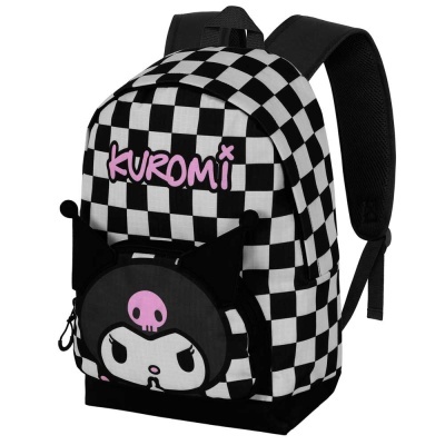 Mochila preta e branca com padrão xadrez e personagem Kuromi rosa