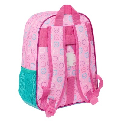 Mochila infantil rosa com padrão de gatos e bolso lateral azul