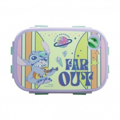 Estojo escolar com personagem animado Stitch e texto FAR OUT.