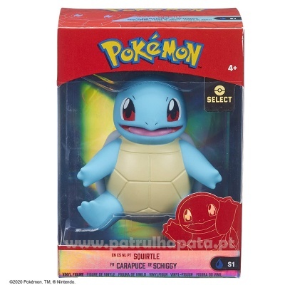 Figura Squirtle Pokémon em embalagem transparente com fundo vermelho e preto