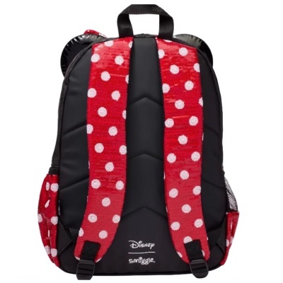 Mochila infantil Disney Smiggle preta e vermelha com bolinhas brancas