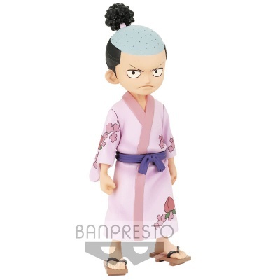 Figura personagem anime com kimono rosa e cabelo azul e preto