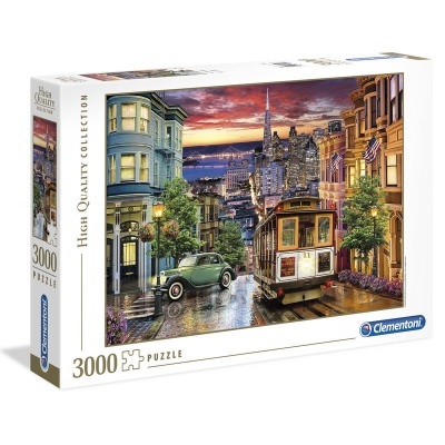 Caixa de puzzle Clementoni 3000 peças com imagem de eléctrico na cidade à noite.