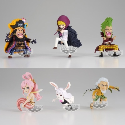 Seis figuras de ação de anime com roupas coloridas e poses dinâmicas em fundo cinza claro