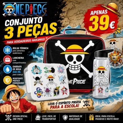 Conjunto One Piece 3 peças: bolsa térmica preta, lancheira branca, garrafa de água transparente, com símbolos de caveira com chapéu de palha.