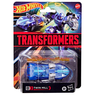 Brinquedo Hot Wheels Transformers Twin Mill azul em embalagem com desenho de robô e texto.