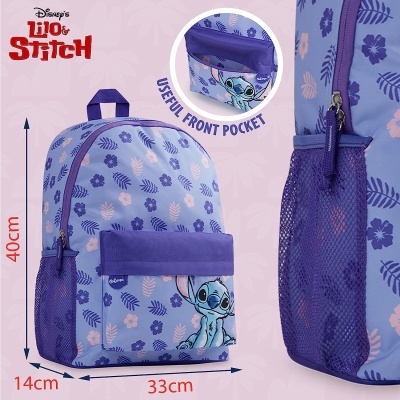 mochila Disney Lilo & Stitch azul com bolso frontal e padrão de folhas florais