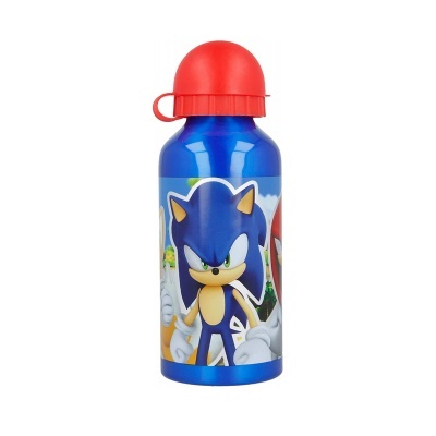 Garrafa azul metálica com tampa vermelha e ilustração do Sonic
