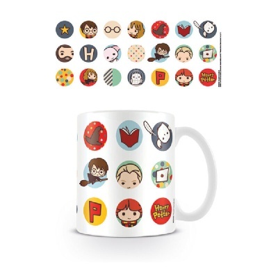 Caneca branca com ilustrações de personagens e símbolos de Harry Potter
