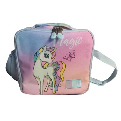 Mala lancheira com unicórnio e texto 'Magic', cores rosa, azul e lilás