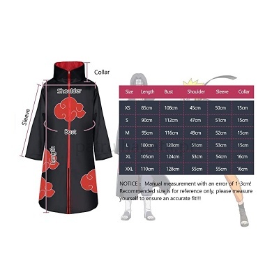 Casaco preto com estampas vermelhas e tabela de tamanhos ao lado