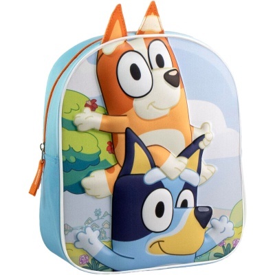 Mochila infantil azul com personagens Bluey e Bingo em relevo