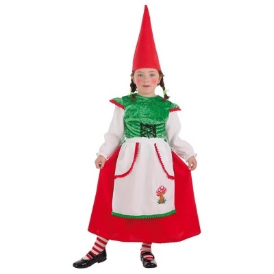 Criança vestida com fato infantil de duende ou gnomo vermelho e verde com avental branco e chapéu cónico vermelho