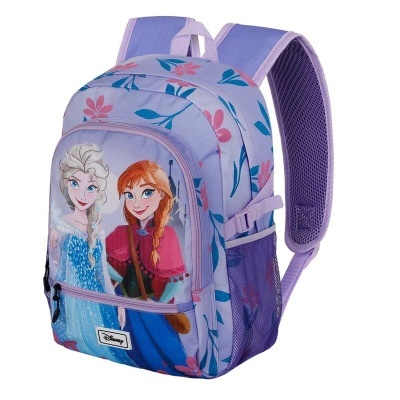 Mochila infantil lilás com personagens Elsa e Anna da Disney e padrão floral