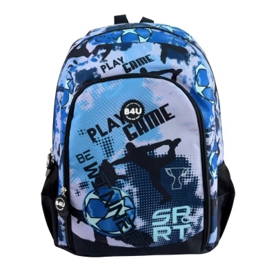 Mochila azul com estampado de futebol e texto