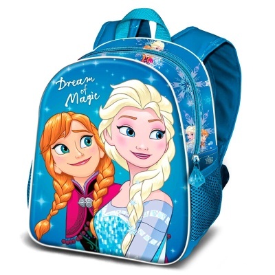 Mochila azul infantil com estampados Anna e Elsa e texto Dream of Magic