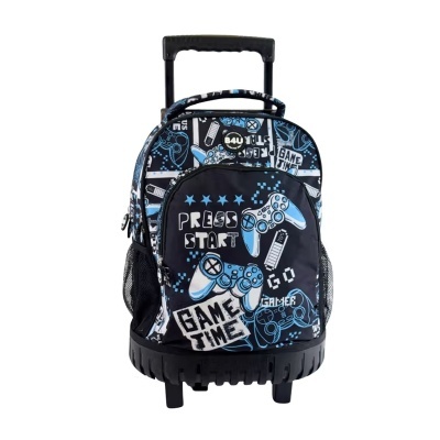 Mochila de rodas com padrão de videojogos azul e branco