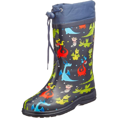 Bota de chuva infantil com padrão de dragões coloridos e ajuste superior com cordão