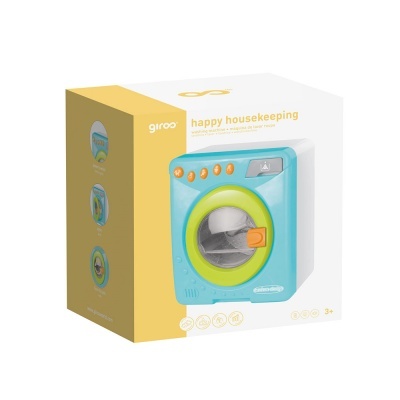 Brinquedo máquina de lavar loiça azul com detalhes amarelos na embalagem