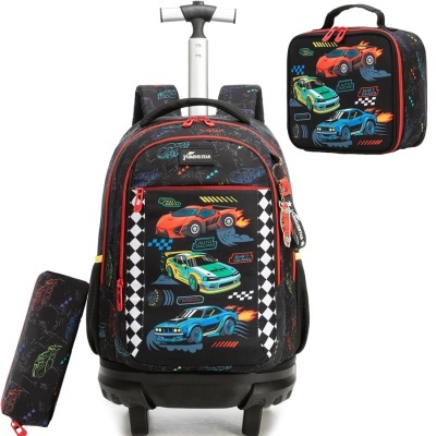 Mochila de rodas preta com estampado de carros de corrida coloridos, estojo e bolsa térmica