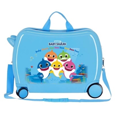 Mala de viagem infantil azul com personagens do Baby Shark e texto decorativo