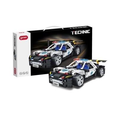 Conjunto de construção de carro desportivo branco, preto, azul, com caixa preta e branca