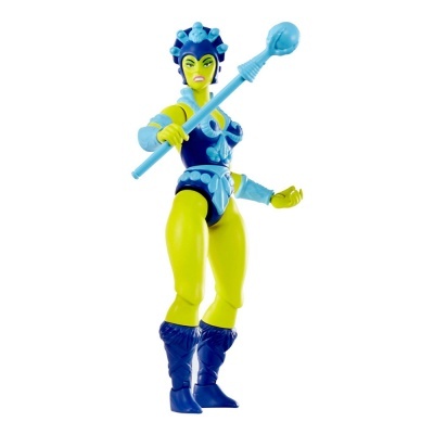 Figura de ação feminina com roupa azul e pele amarelo-neon segura bastão azul
