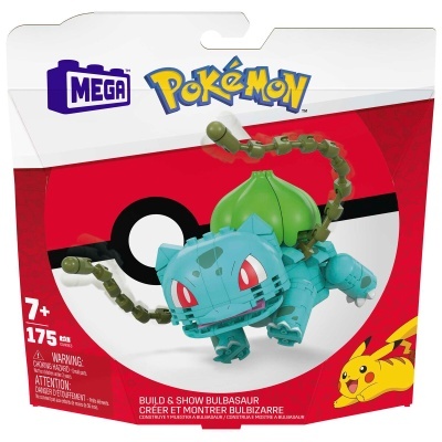 Figura de construção MEGA Pokémon Bulbasaur em embalagem vermelha com Pikachu