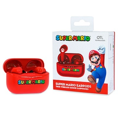 Earphones sem fios vermelhos com temática Super Mario e embalagem com imagem do Mario