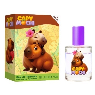 Frasco e caixa de Eau de Toilette com desenhos de capivaras e tampa roxa