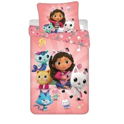 Conjunto cama infantil rosa com personagens animados e tema musical