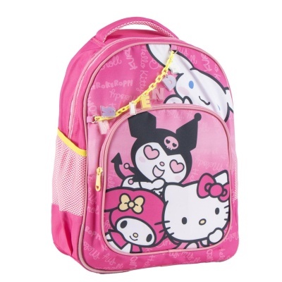 Mochila rosa infantil com personagens My Melody, Kuromi e Hello Kitty