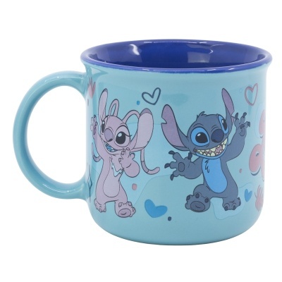 Caneca azul clara com desenhos de Stitch e Angel da Disney