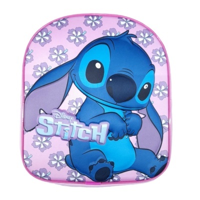Mochila infantil Disney Stitch rosa e azul com flores lilás
