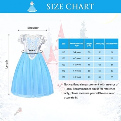 Gráfico de tamanhos com vestido azul claro infantil e tabela de medidas em centímetros