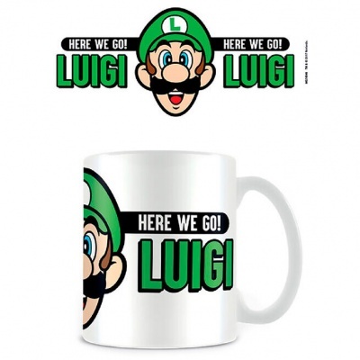 Caneca branca com imagem e texto do Luigi em verde e preto