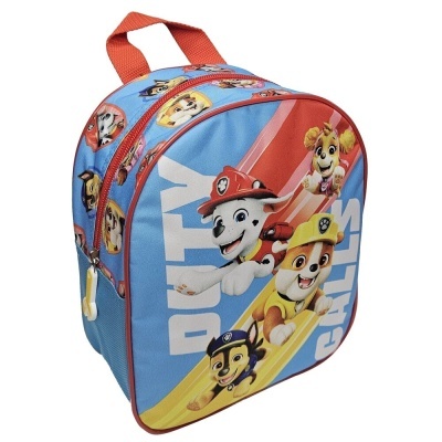 Mochila infantil da Patrulha Pata azul e vermelha com personagens e texto PATTY CHASE