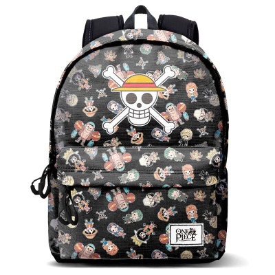 Mochila preta com padrão colorido de personagens e símbolo de caveira do anime One Piece