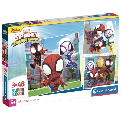 Caixa de puzzles Clementoni Spidey and His Amazing Friends com 3 puzzles de 48 peças.