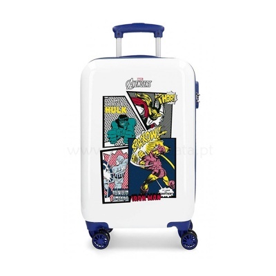 Mala de viagem branca com design dos Avengers e personagens coloridas