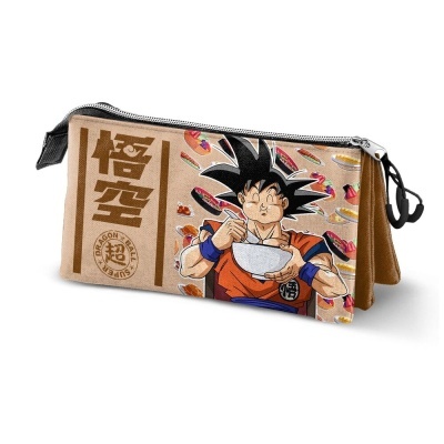 Estojo escolar tecido castanho com estampa de Son Goku a comer noodles e texto em japonês