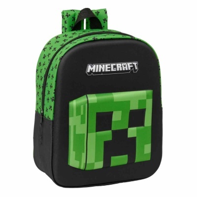 Mochila infantil Minecraft verde e preta com logótipo e padrão pixelado