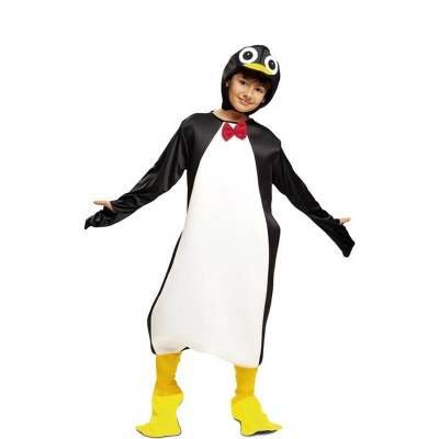 Fato de carnaval de criança em forma de pinguim com cores preto, branco e amarelo.