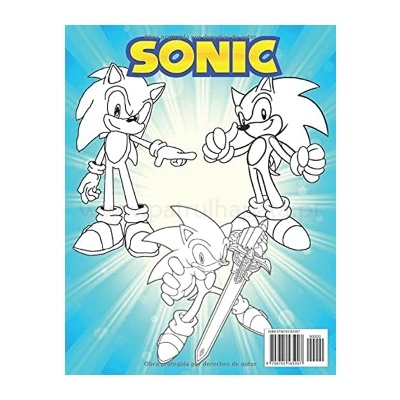 Capa de livro ou revista Sonic com personagens desenhados a preto e branco e fundo azul