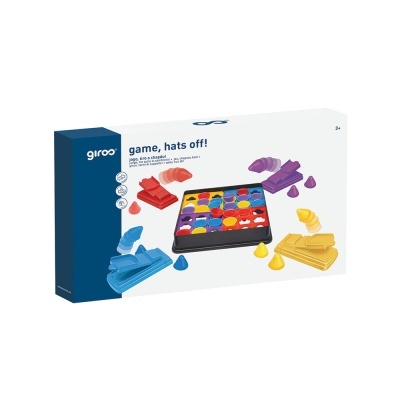 Caixa do jogo de tabuleiro 'game, hats off!' com peças coloridas e embalagem branca e azul
