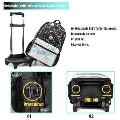 Mochila infantil destacável preta com tema espacial e base com rodas telescópica